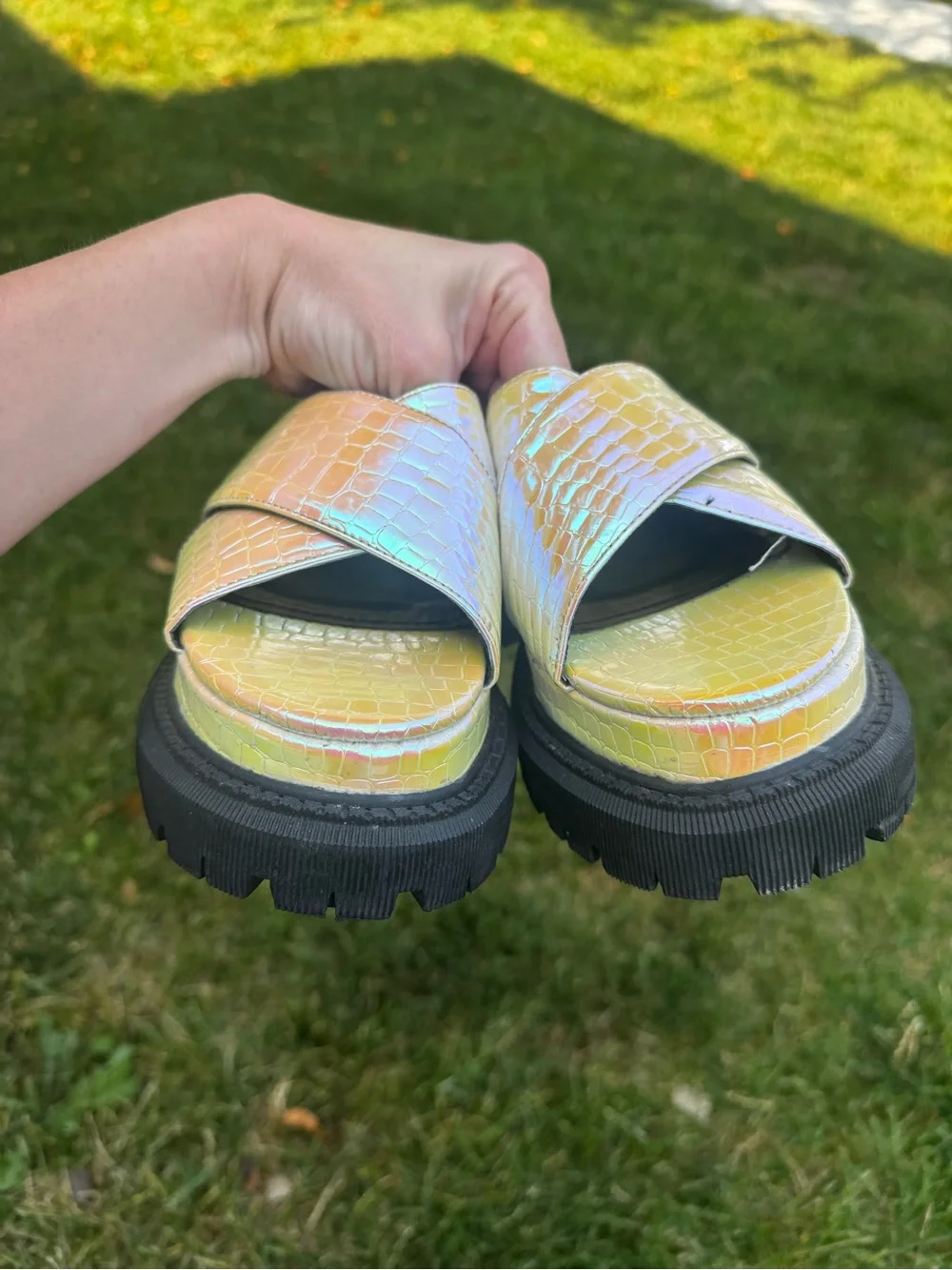 Iridescent Color shifting Platform Sandals - Yellow Pink Multi